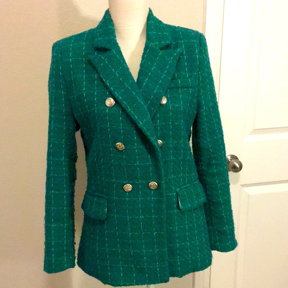 Green Boucle Tweed Double Breasted Blazer w Silver Buttons, Fully Lined, Medium